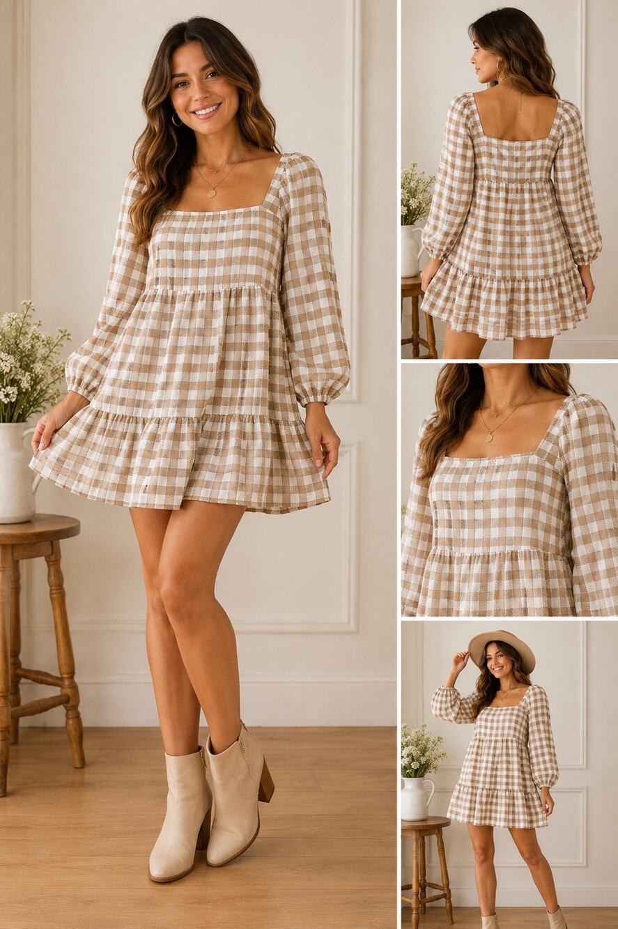 By the River Gingham Babydoll Dress Cottagecore Tiered Puff Sleeve Small